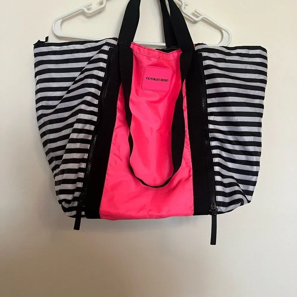 Victoria's Secret Neon Pink and Black Striped Tote